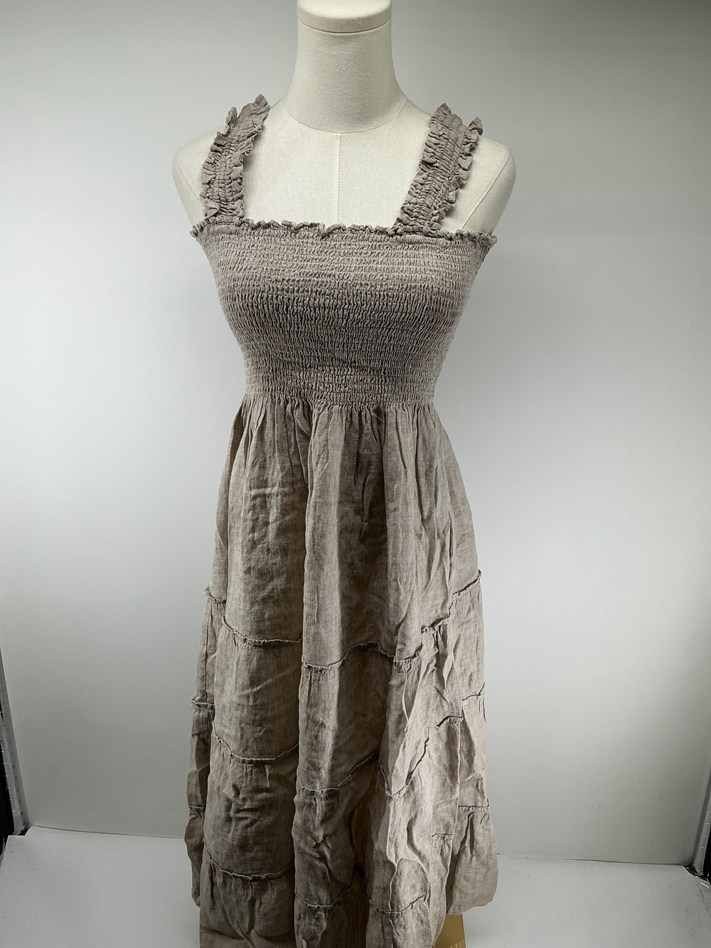 100% European Linen Smocked Midi Dress